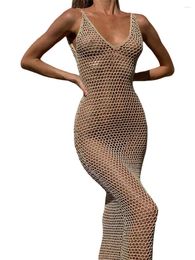 Casual Dresses See Through Cover Ups For Swimwear Women Crochet Dress Coverup Sleeveless Backless Hollow Out Swimsuit Beach