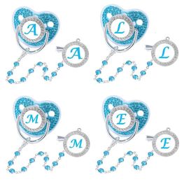 Bling Newborn Pacifier Clip Holder Set 26 Letter Dummy Infant Soother Baby Shower Gift Silicone Toddler Teether Blue L2405