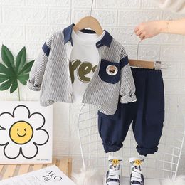 Clothing Sets 2024 Spring Korean Style Baby Boy Clothes Cartoon Striped Long Sleeve Shirts White T-shirts Pants Kids Boys Suit