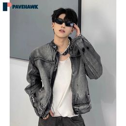 Wash Vintage Denim Jacket Man Woman High Street Loose Cowboy Coats Zipper Distress Design Coat Unisex Japanese Varsity Jackets 240520