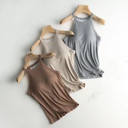 Basic Solid T shirt Slim Halter Neck Offshoulder Camisole Tops Tees Summer Female Tanks Sleeveless With Chest Pad 240521