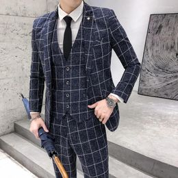 Men's Suits 2024 Jacket Vest Pants Fashion Boutique Plaid Formal Business Suit Slim Stripe Wedding Blazers Coat Trousers Waistcoat