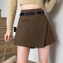 Skirts Grey Irregular Womens Ski Shorts with Belt Fall 2023 High Waist Elegant Fashionable Office Work Shorts S2452408