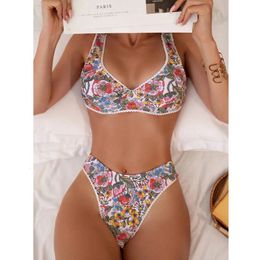 Sexy Flower Print Push Up Bikinis Set Women Underwired Swimwear High Waist Swimsuits Back Knotted Beach Wear Bathing Suit 240508