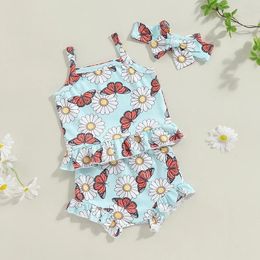 Clothing Sets Baby Girl Summer Outfits Floral Butterfly Print Square Neck Cami Tops With Ruffled Shorts And Bow Headband