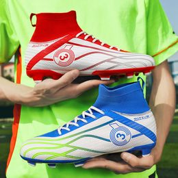 Womens Mens High Top Football Boots TF AG Soccer Cleats Red Blue Black White Training Shoes for Youth Children Big Size 31-47