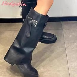 Boots Black Thick Sole Women Mid Calf Round Toe Slip On Flat With 2024 Est One Word Belt Metal Buckle Decoration