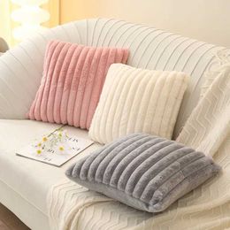 Cushion/Decorative Pillow Artificial rabbit fur square soft cushion cover large thick striped ultra solid color 45x45cm sofa decoration Q0523