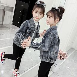 Jackets 5-15Y Children Denim Autumn Girls Coats Turn-down Collar Single Breasted Floral Fashion Kids Outerwear Clothes Hw53
