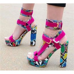 Women New Fashion Open Toe Suede Leather Platform Chunky Ankle Wrap Buckles Snake Thick High Heel Sand 0be