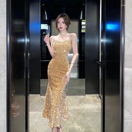 Casual Dresses Celebrity Style Dress Sparkling Velvet Sequins Sexy V-Neck Evening Strap Long Fishtail