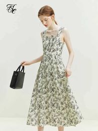 Basic Casual Dresses FSLE French Floral Print A-Line Dress for Women Summer Niche Design Slim Thin Wide Shoulder Strap Suspender Long Dress Female Y240524