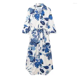 Casual Dresses Women's Midi Dress 2024 Fashion Summer Floral Printed Shirt For Women Elegant Chic Ladies