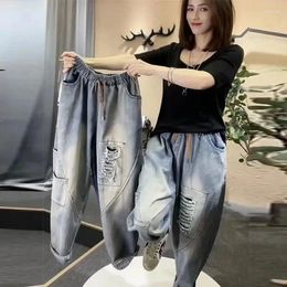 Women's Jeans 2024 Arrival Summer Women Cotton Denim Patchwork Ankle-length Pants Elastic Waist Casual Loose Harem P268