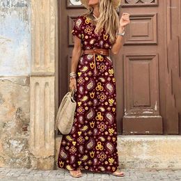 Casual Dresses 2024 Womens Print V-Neck Floral Boho Long Dress Vestidos Beach Short Sleeve Elegant Vintage Bohemian Plus Size