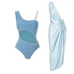 Women's Swimwear Aqua Blue High Waist Bikini Set Cover Up Swimsuit For Women Push Halter Three Pieces 2024 Beach Bathing Suits