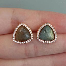 Stud Earrings KKGEM 13mm Natural Labradorite Triangle Cz Pave Women Gemstone Simple Jewelry Gift