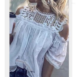 Women's Polos 2024 White Lace Hollow Cotton Blouse Sleeveless Round Neck Sexy Tops Plus Size Ladies Mid-Sleeved Shirt