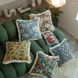 Pillow American Country Style Jacquard Cover 45/60CM Vintage Flowers And Geometric Printed Sofa Decorative Pillows With Tassels