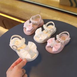 Summer Girls Bow Simple Non-slip Cute Open-toe with Bear Pearls Hook Loop Children Party Wedding Shows Sandals Cute 240520