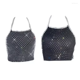 Women's Tanks Women Rhinestones Mesh Pearls Chain Halter Crop Top Hollow Fishnet Cover Up Camisole Party Club Body Jewellery Dropship