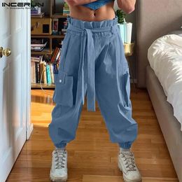 INCERUN Men Cargo Pants Solid Joggers Elastic Waist Trousers With Belt Streetwear Loose 2024 Fashion Casual Pantalon S5XL 240513