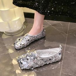 Casual Shoes 2024 Fashion Sequins Women Flat Female Square Toe Soft Sole Footwear Spring Summer Shallow Ballet Flats Ladies