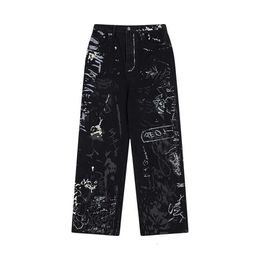 23ss hand-painted inkjet graffiti baggy washed black straight leg jeans trendy Cargo Denim Pants Hip Hop Style
