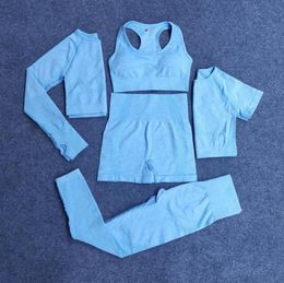 5PCS Seamless Women Yoga Set Workout Sportswear Gym Clothing Fitness Long Sleeve Crop Top High Waist Leggings Sports Suits8163776