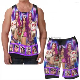 Men's Tracksuits Summer Casual Funny Print Men Tank Tops Women Sasha Banks Board Beach Shorts Sets Fitness Sleeveless Vest