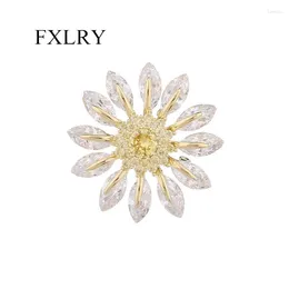 Brooches FXLRY Fashion Inlaid Zircon Rotatable Sun Flower Brooch Suit Jacket Cardigan Pin