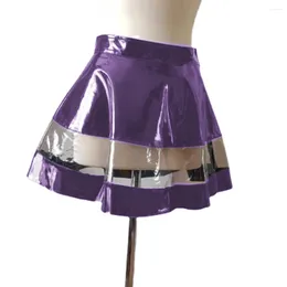 Skirts Wetlook Faux Leather Patchwork Clear Plastic PVC Sexy High Waist Mini Kawaii Skater Skirt Gothic Short A-line S-7XL