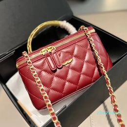 Portable Women Gentle Square Box Shape Large Capacity Cosmetic Bag Small Mirror Semi Circular Metal Handle Double Zipper Handbag Cross Body Bag 17x10cm