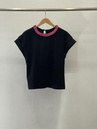 Women's T Shirts Spring And Summer Fashion Pink String Ring Buckle Collar Cotton T-shirt Decorative Neckline2024