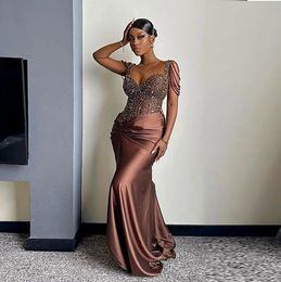 Black Girls Chocolate Brown Beaded Prom Dresses Ruched Satin Mermaid Long Evening Gowns African Women Birthday Party Special Occasion Dress 2024