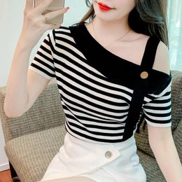 Women's T Shirts Sexy Skew Collar Sweet Stripe Knitted T-shirts For Women Clothes Fashion Casual Club Tops Female Ladies Aesthetic Clothing