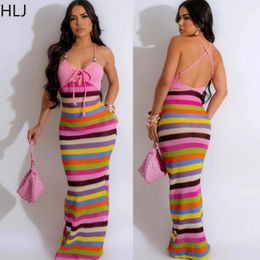 Casual Dresses HLJ Sexy Stripe Printing Bodycon Backless Floor Women V Neck Sleeveless Slim Vestidos Fashion Female Suspenders Dress