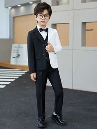 Kids Jacket Vest Pants Bowtie 4P Formal Tuxedo Dress Children Performance Costume Big Boys Black White Suit For Wedding Teenager