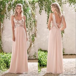 Rose Gold Bridesmaid Dresses A Line Spaghetti Backless Sequins Chiffon Cheap Long Beach Wedding Guest Bridesmaids Dress Maid of Honour G 301g