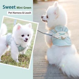 Dog Collars Chest Strap Mint Green Harness With Leash Pet Vest Type Traction Rope Mix PU Leather Small Medium Size Teddy