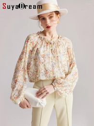 Women's Blouses SuyaDream Women Floral Shirts 40%Real Silk 60%Viscose Ruffles Round Neck Printed 2024 Fall Winter Casual Top