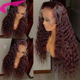 Synthetic Wigs KRN 99j Burgundy 4x4 Womens Closed Wig Curled 180% Remi Brazilian Hair Lace Wig Colour 99J 13x6 Lace Front Wig No Glue Q240523