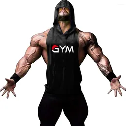 Men's Tank Tops GYM Print Men Fitness Hooded Tanktop Sleeveless Bodybuilding Tee Shirt Fashion Stringer Male Workout Vest Sportswear