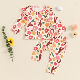 Clothing Sets Fashion Toddler Kids Girls Autumn Ribbed Flower Print Ruffles Long Sleeve O-neck T-shirts Pants Casual Outfits