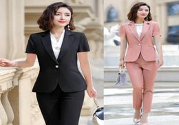 Summer Formal Ladies Pant Suits For Women Business Work Wear Sets Short Sleeve Black Blazer And Jacket Women039s Two Piece Pant8731084