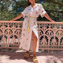 Casual Dresses 2024 Summer Funny Print Elegant Maxi For Women Tie Up Boho Shirt Vintage Short Sleeves Female Long Dress Vestio