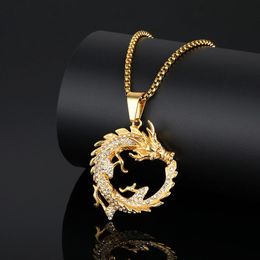 Hip Hop Iced Out Bling Chinese Dragon Pendant Statement Male 14K Yellow Gold Animal Necklace For Men Jewelry Gift