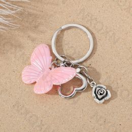 Y2k Pink Acrylic Butterfly Keychain Alloy Rose Flower Plant Key Ring For Women Girls Friendship Gift Handmade DIY Jewlery Set