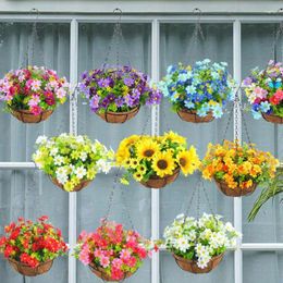 Decorative Flowers Artificial Flower Wall Hannging Ilk Arrangement In Lining Chain Basket High Quality Fake Plant Bucket For Home