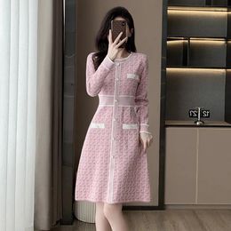 Casual Dresses Pink Knitted Dress Women's Autumn Round Neck High Waist Long Sleeve Slim Sweater A-line Small